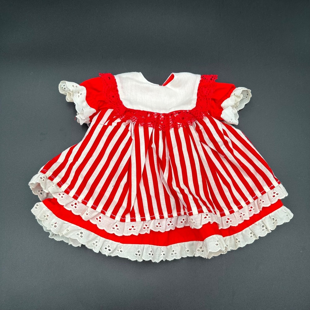 Vintage Red Striped Doll Dress‎ White Lace Trim Ruffle Adorable